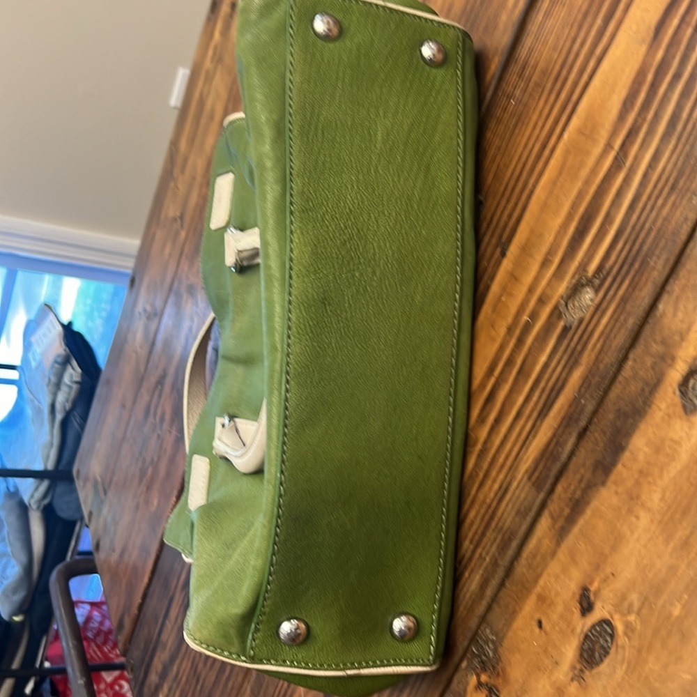 MICHAEL KORS HAMILTON Lime Green Pebble Leather White Silver Satchel Bag. Used - Picture 5 of 7